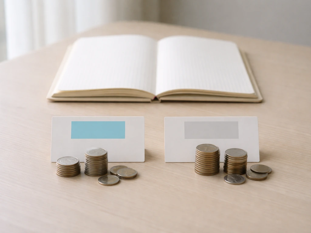 Close-up of a notebook and two blank cards showing different ownership categories with mixed numbers, no text.