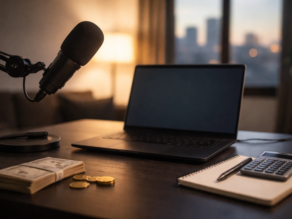 Minimal gaming studio scene with a desk microphone and laptop suggesting media and wealth analysis.