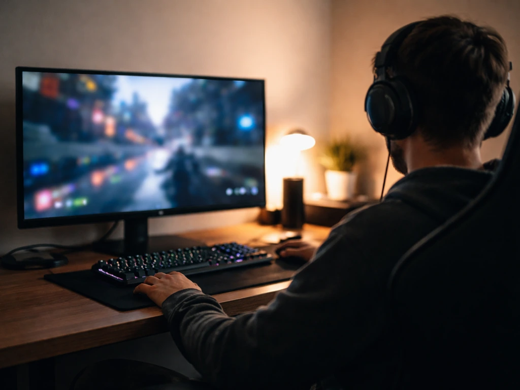 Anonymous gaming creator at a desk with headphones and a blurred monitor scene, minimal YouTube-style setup.
