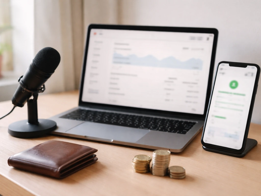 Laptop and smartphone on a desk with blurred analytics, microphone, coins, and a wallet suggesting creator income.