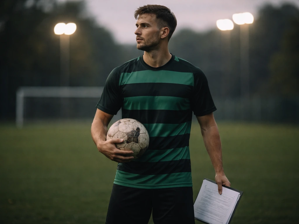 Footballer in Sporting CP kit standing on a small pitch at dusk, calm focused mood.