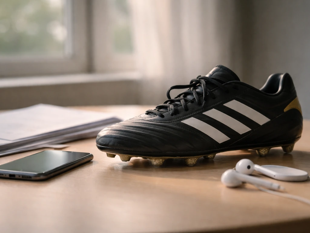 Close-up of Adidas football boots on a desk beside a phone and earbuds, minimal sponsorship vibe.
