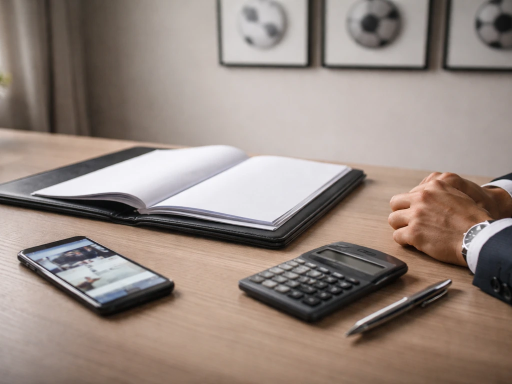 Sports office desk with calculator, blank papers, and a phone hinting at transfer evidence verification.