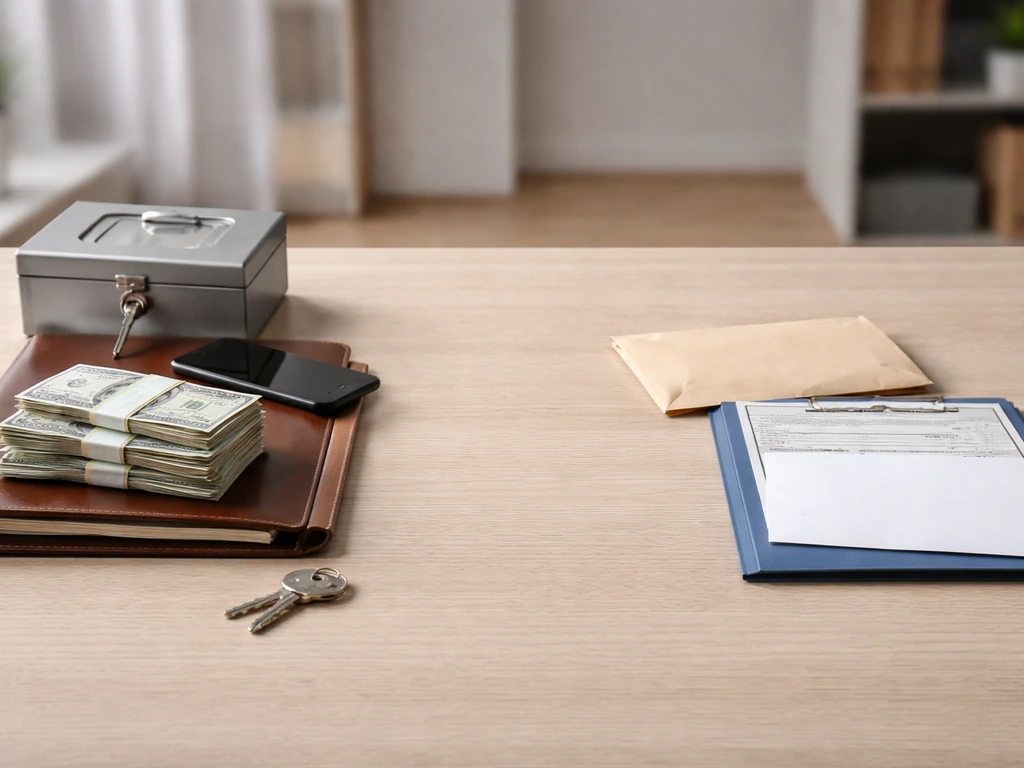 Minimal desk scene contrasting assets (cash, key, lockbox) and liabilities (documents) separated clearly.