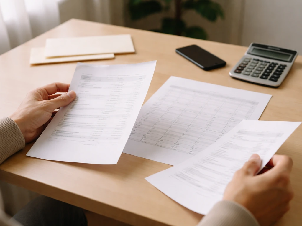 Hands at a desk comparing documents and a calculator next to neatly stacked envelopes in a quiet office