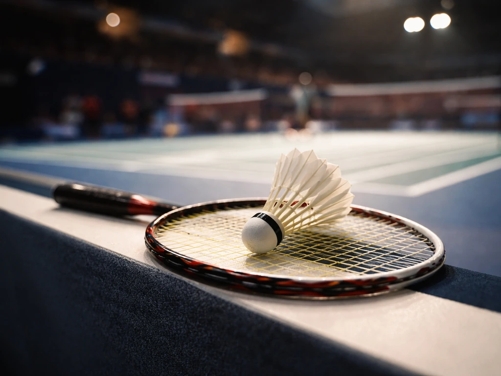 Anonymous badminton match scene with a focused racket and shuttle near a professional court backdrop