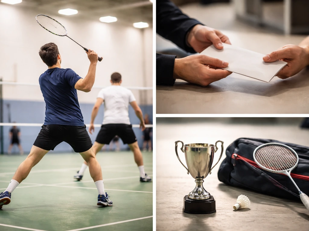 Minimal photo composite of a badminton court exhibition scene, a business-like appearance-fee vibe, and a small prize mo
