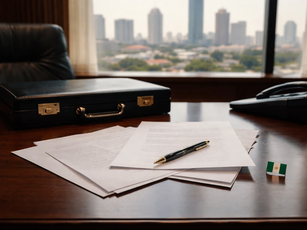 Empty law office desk with documents, a briefcase, and a blurred city skyline symbolizing political wealth analysis