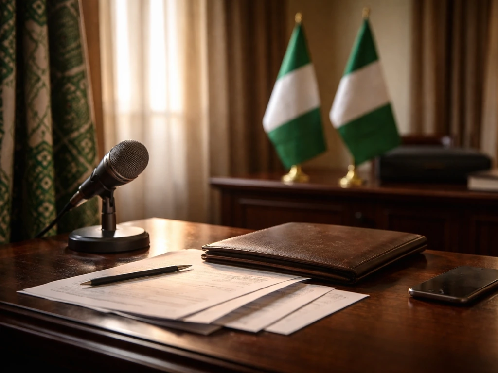 Minimal Nigerian government office scene with Nigeria flags, documents, and a microphone on a desk