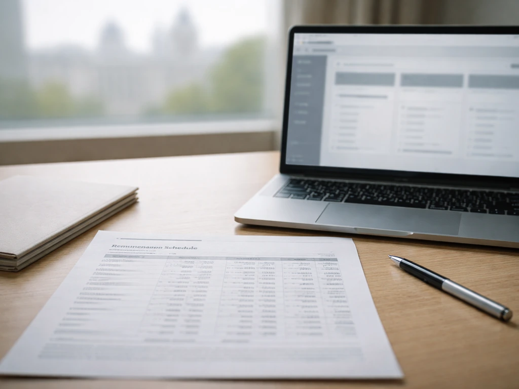 Remuneration paperwork and a laptop showing an anonymous public data portal interface, money-related office scene