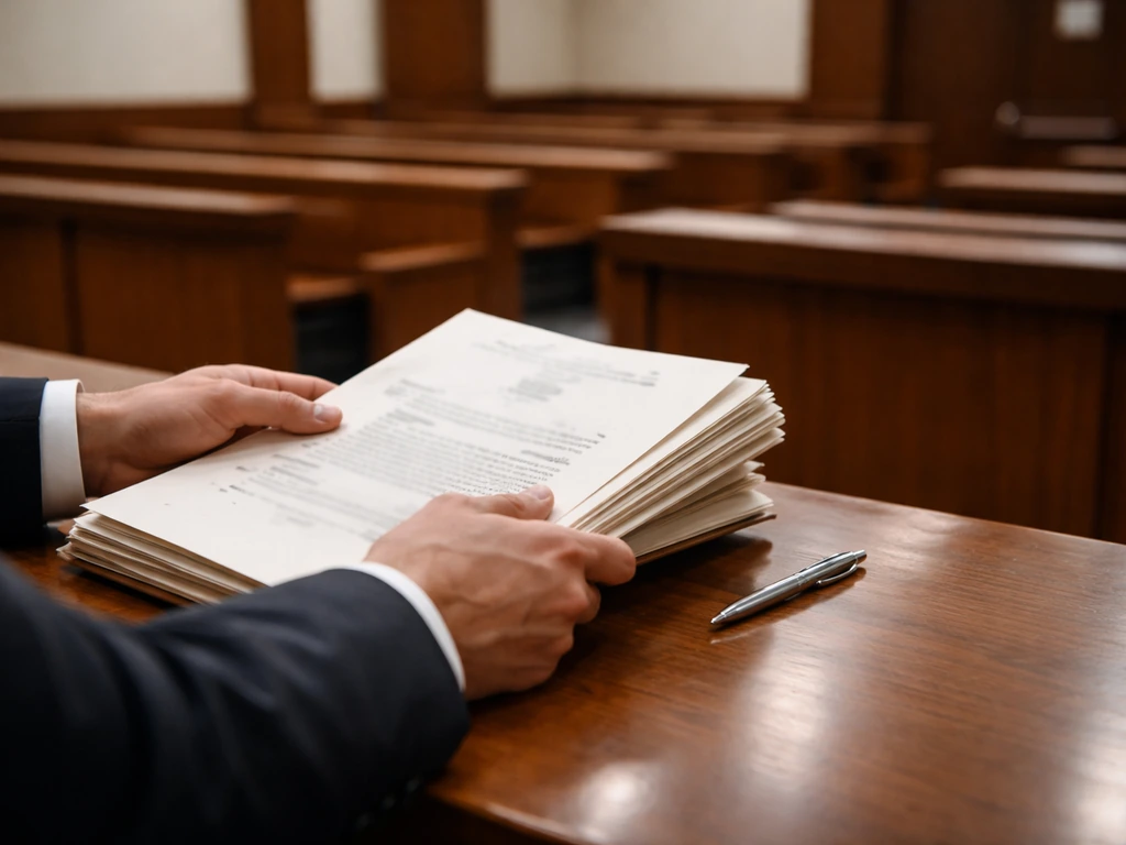 Hands holding a blurred court document folder in a quiet courtroom, motion-forfeiture style setting