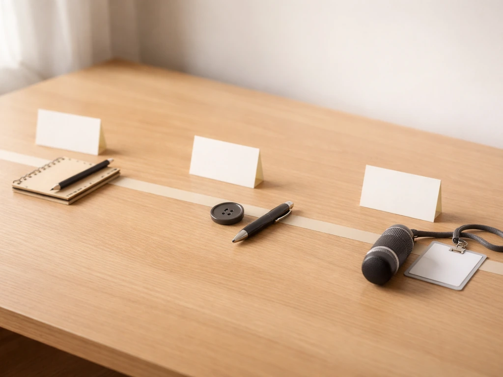 Minimal office desk scene with scattered milestones icons represented by small tokens on a timeline-like surface