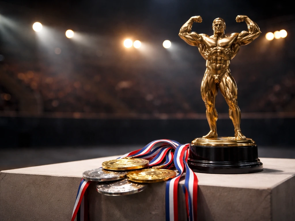 Bodybuilding competition scene with stacked medals and a trophy on a platform against a dark arena backdrop