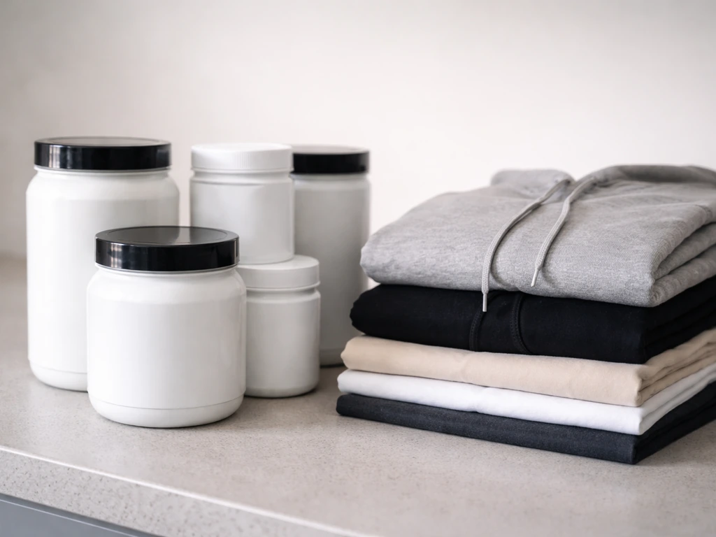 Minimal scene with supplement tubs and neatly folded athletic apparel on a clean countertop