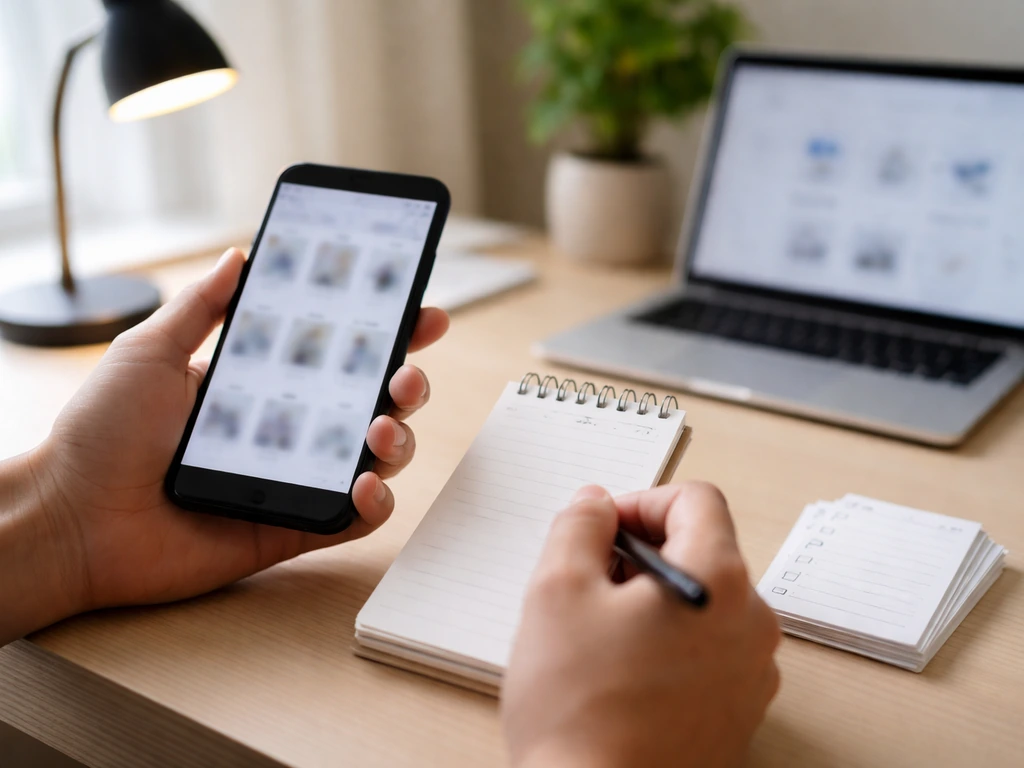Anonymous hands checking a blurred ecommerce storefront on a phone beside blank checklist cards