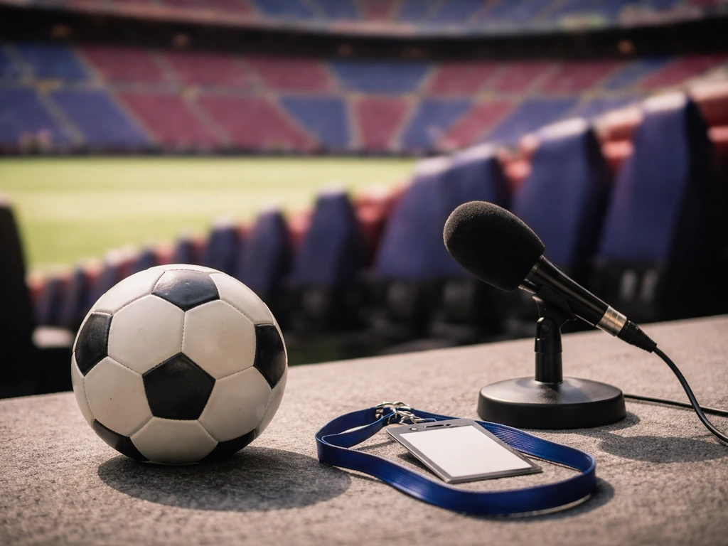 Minimal Barcelona football press-style scene symbolizing net worth interest, featuring a soccer ball and press mic
