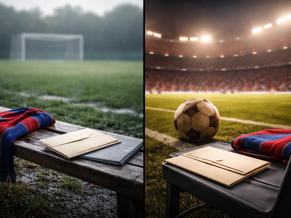 Minimal split photo showing early and later Barcelona training/stadium scenes with sealed contract envelopes.