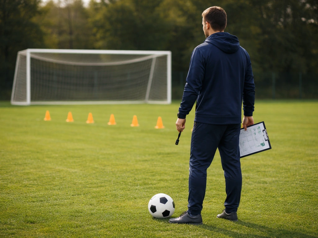 Anonymous youth football coach with clipboard and whistle beside goalkeeper drill cones on a pitch.