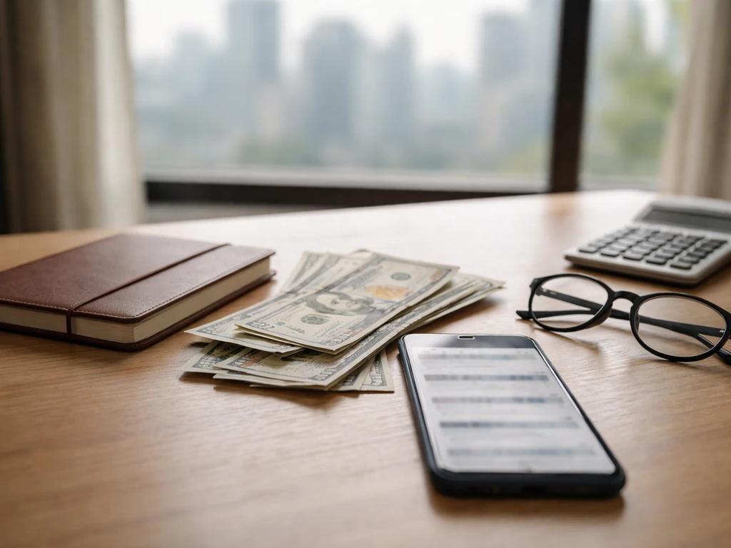 Minimal desk scene with scattered currency bills and a smartphone showing different finance headlines blurred