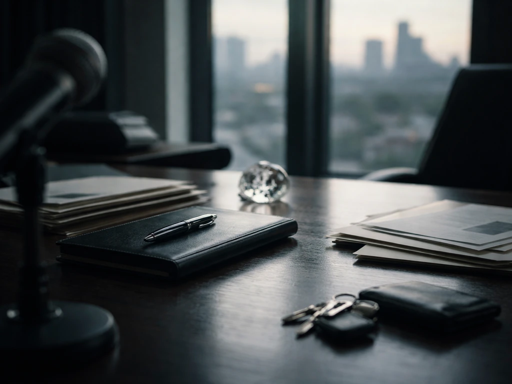 Moody office desk with pen, folders, microphone, and Barcelona skyline—symbolizing finance and executive leadership.