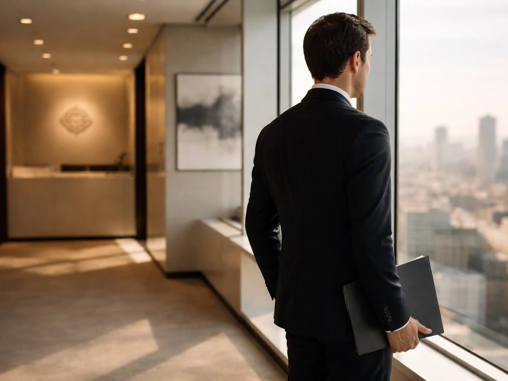 Anonymous executive in a Barcelona office looking out a window with a modern corporate hallway behind them