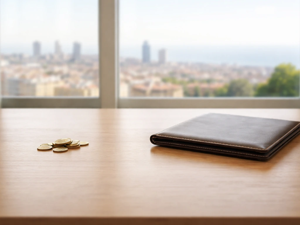 Clean office desk with a blurred Barcelona skyline view and scattered euro coins symbolizing a net worth range