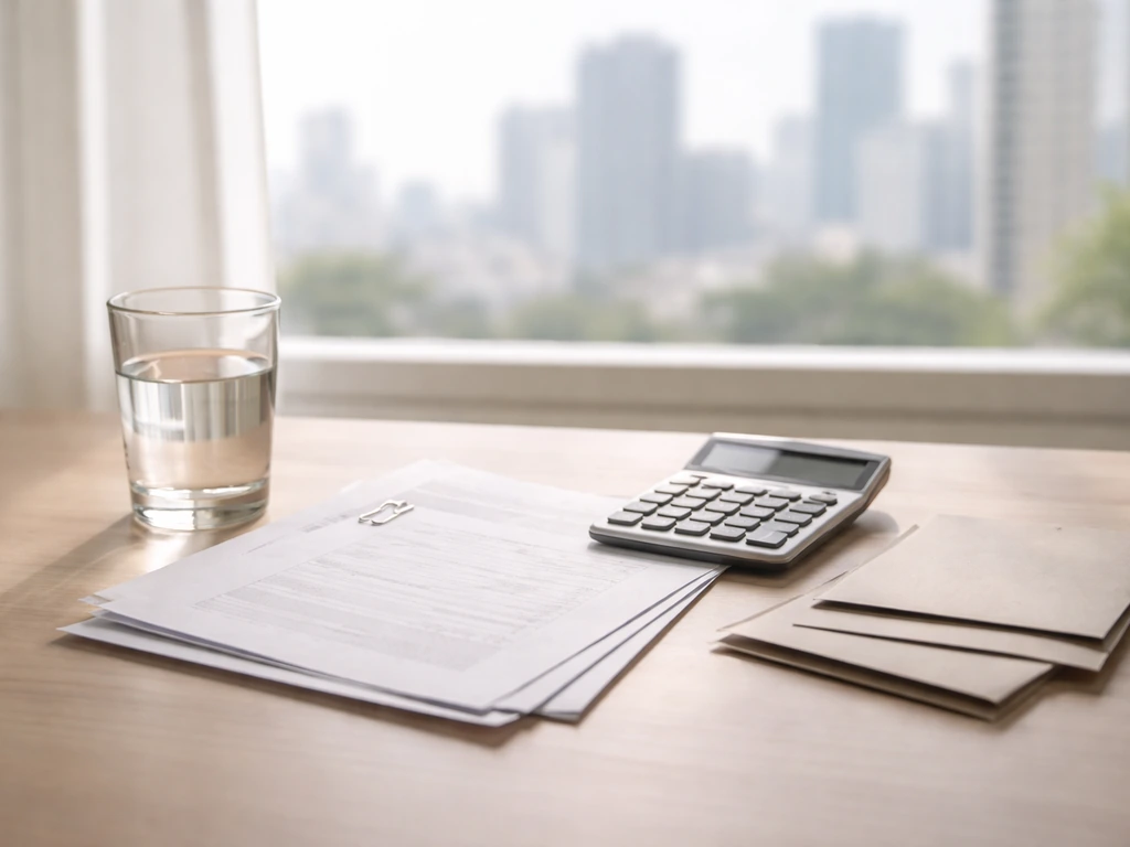 Sunlit office desk with scattered documents and a calculator, symbolizing shares and dividend cashflow