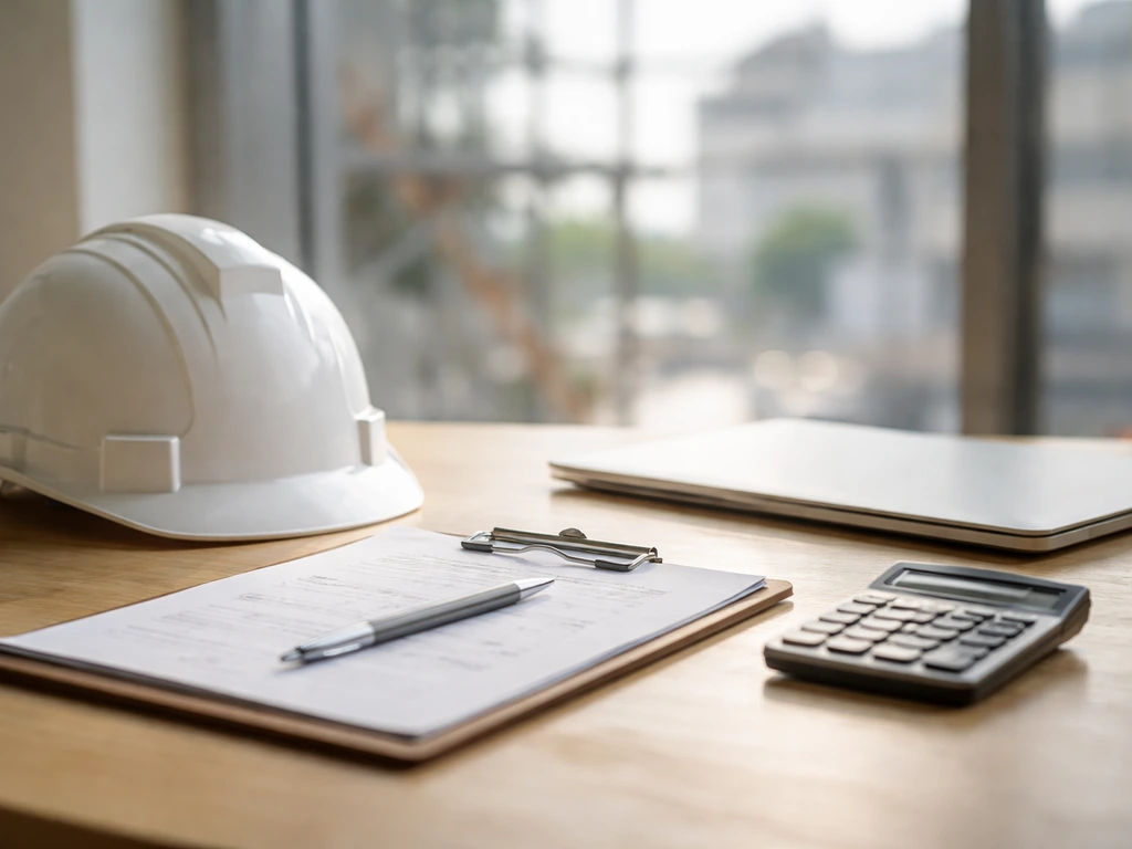 Minimal photo of a contractor-style desk with a laptop, calculator, and hardhat, symbolizing wealth verification.