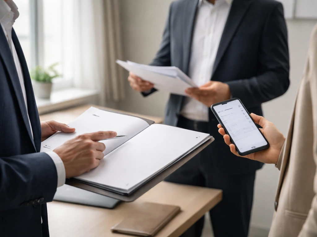 Three anonymous business professionals in a quiet office comparing documents and a smartphone about identities