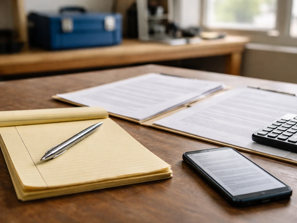 Minimal desk with business documents, calculator, and phone suggesting public earnings sources for a construction compan