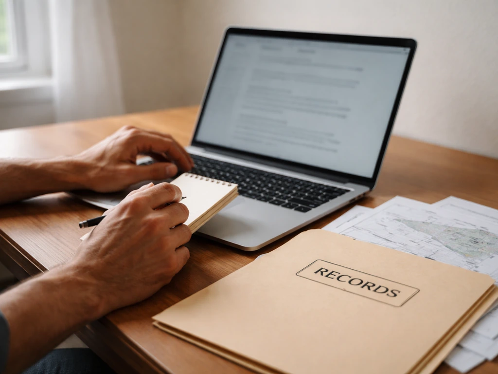 Close-up of a laptop showing a blurred public-records webpage, with a notepad and pen in a quiet home office.