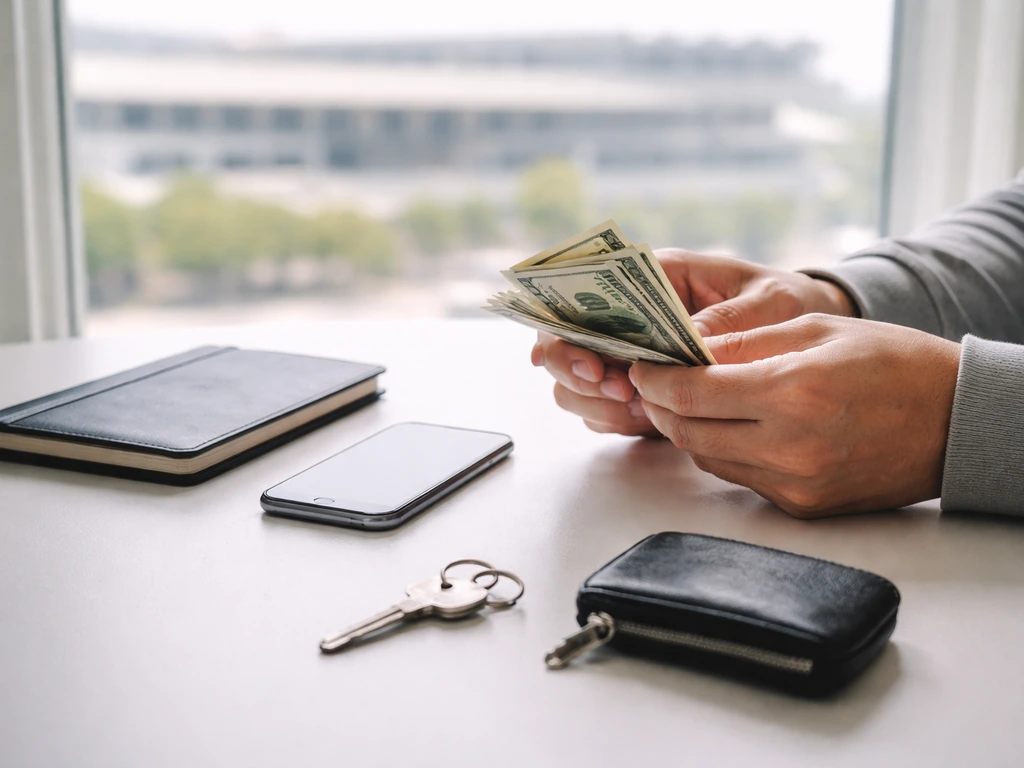 Anonymous hands at a windowed desk with cash and small items suggesting wages and transfers.