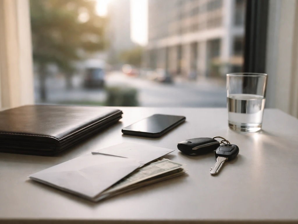 Minimal office desk with an envelope, portfolio, and phone near a window overlooking city buildings.