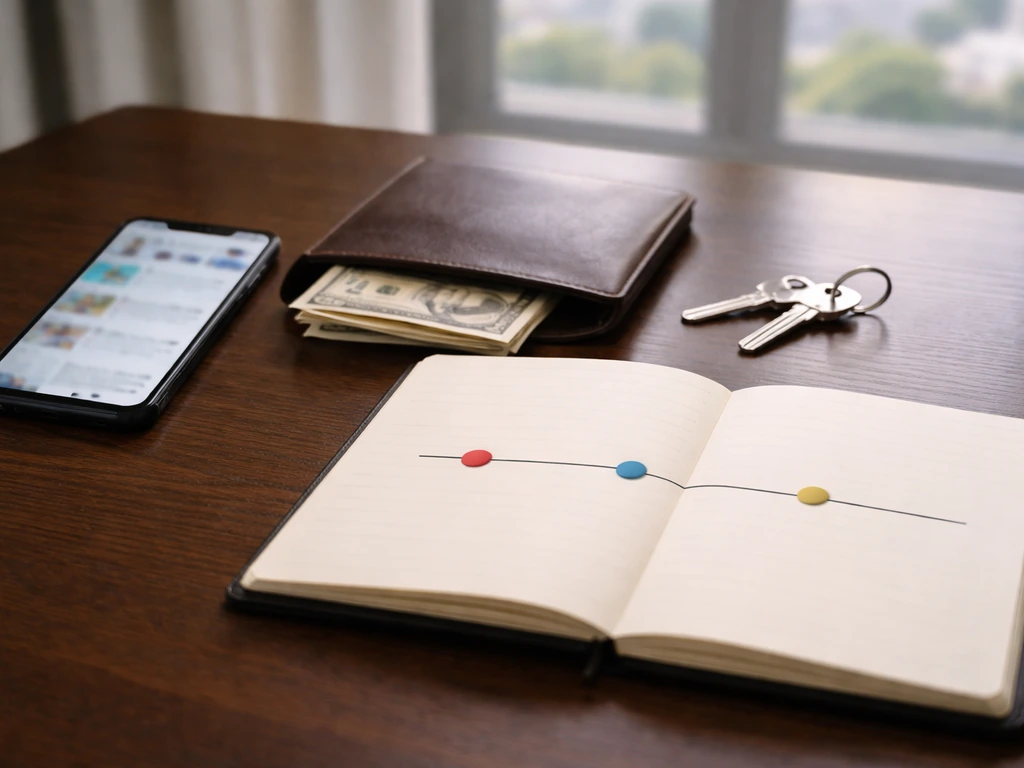 Minimal desk scene with phone, blank notebook with colored dots, and cash symbolizing career wealth milestones.