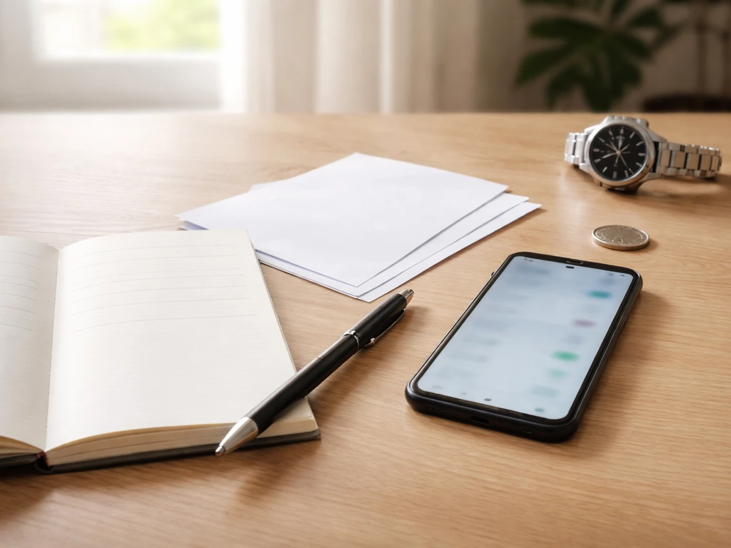 Minimal desk scene with notebook, pen, coin, and phone for quick verification of financial claims.