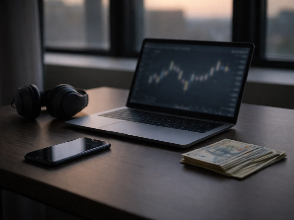 Symbolic financial trading scene with a laptop, trading charts blurred, and scattered cash on a desk