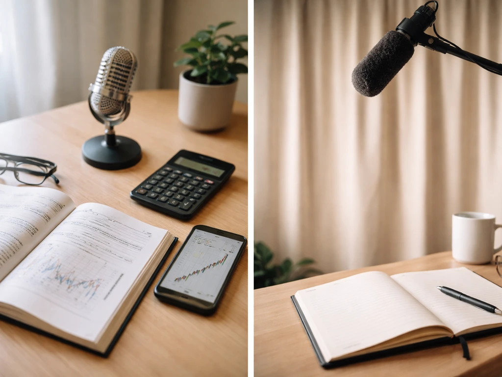 Two minimal side-by-side business scenes: finance desk items vs media/acting studio gear.