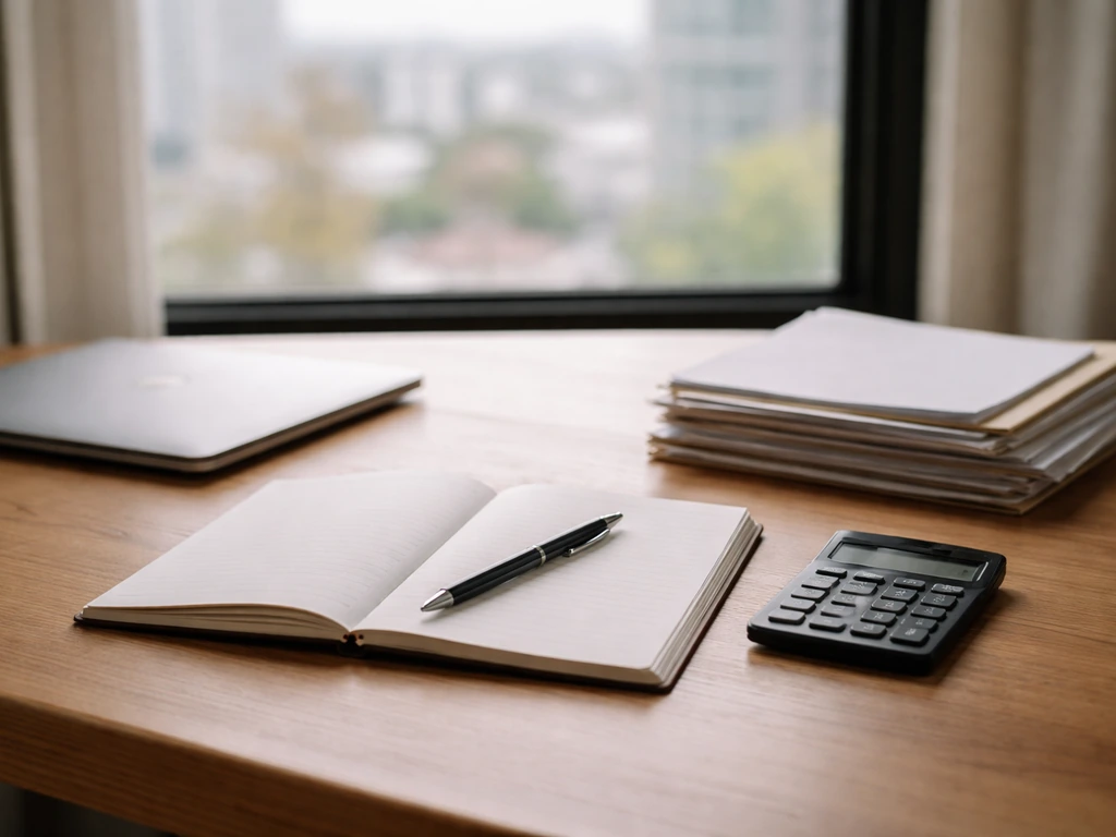 Minimal desk scene with a calculator, notebook, and documents suggesting evidence-based wealth range estimation