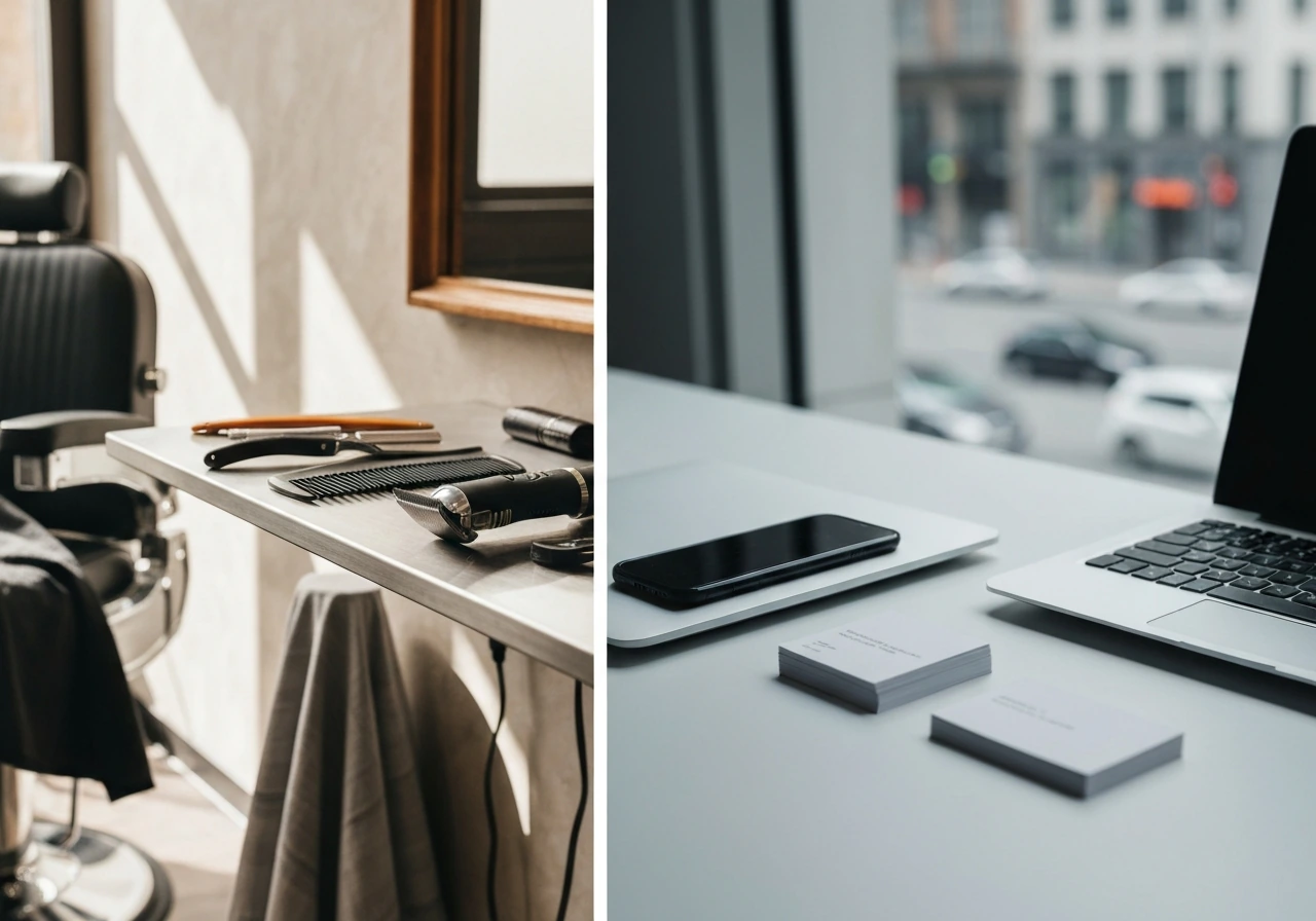 Split image: barber shop tools on one side and an anonymous finance desk on the other.