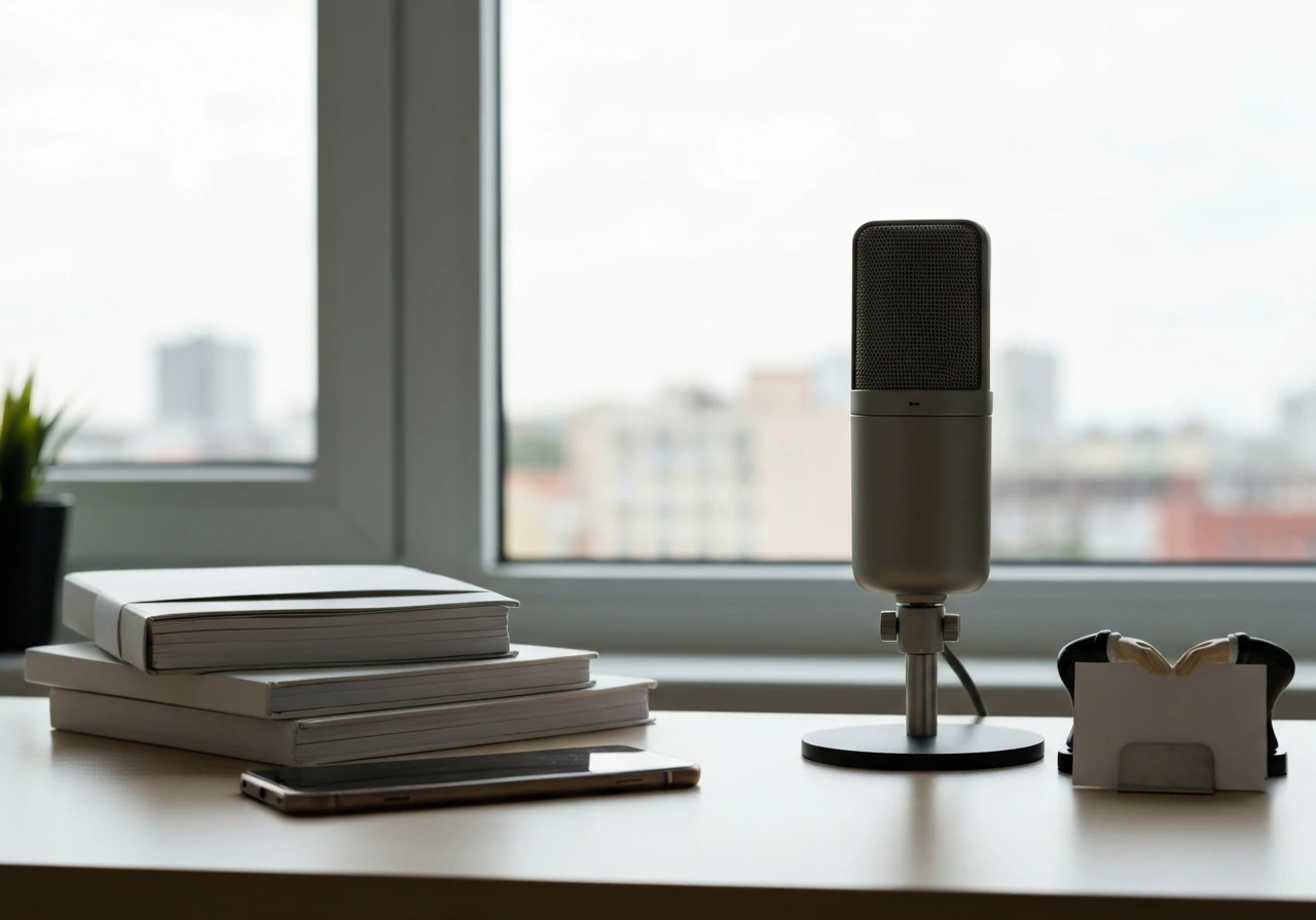 Close-up of an anonymous podcast desk setup with studio mic and a smartphone showing finance-themed visuals