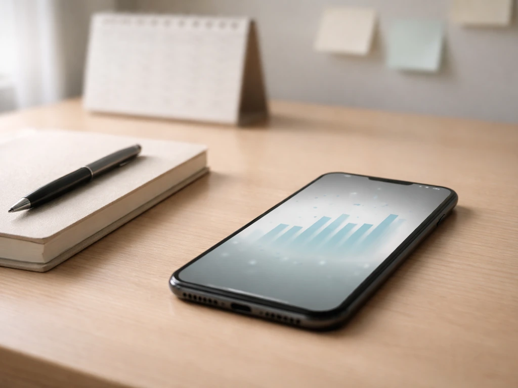 Minimal desk scene with a smartphone displaying changing social metrics over time without readable text.