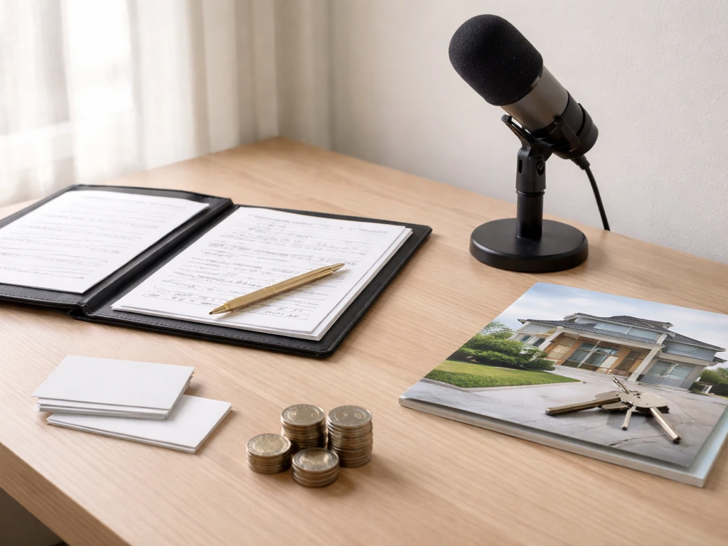 Desk scene with contract folder, ledger page, microphone, and house key suggesting multiple income streams.