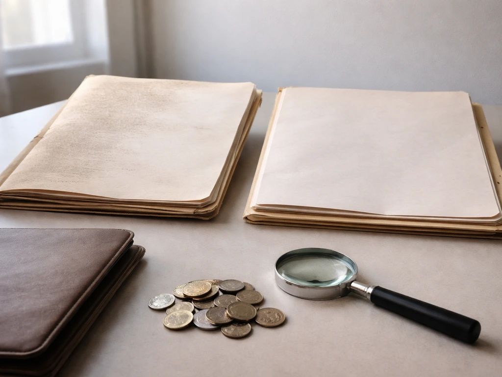 Minimal office desk with two worn folders and a magnifying glass over coins, suggesting outdated estimates.