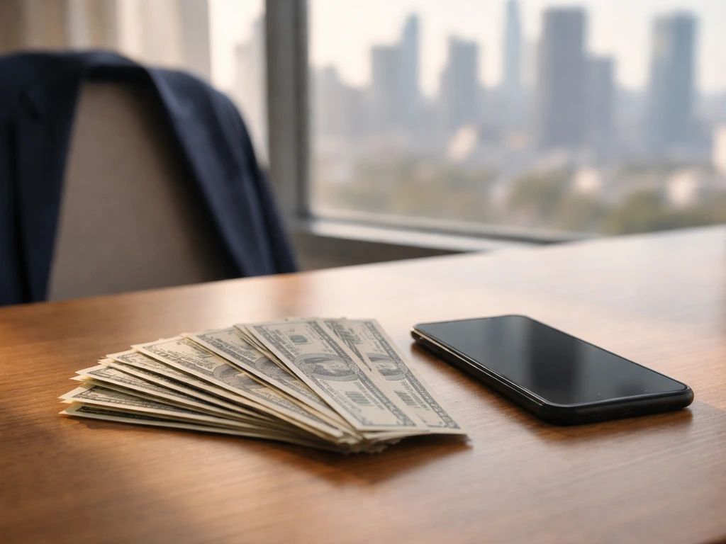 Close-up of a tidy desk with dollar bills and a phone, evoking a focused net-worth analysis.