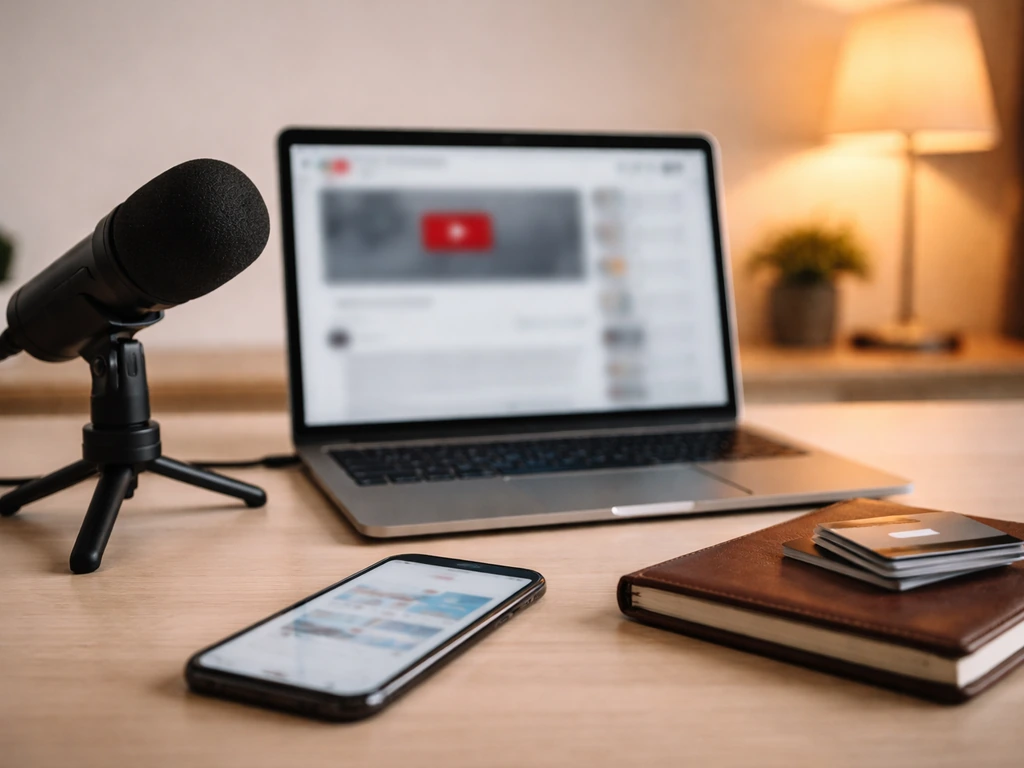 Minimal studio scene with a laptop and microphone, evoking YouTube coaching and money verification