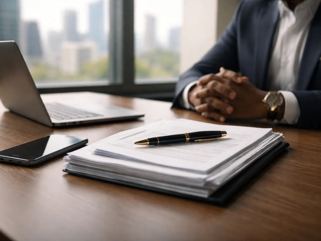 Minimal photo of a Nigerian business executive desk scene with business documents, pen, and a laptop—symbolic of net wor