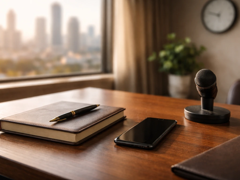 Minimal executive desk with phone and microphone, softly blurred office skyline in natural light