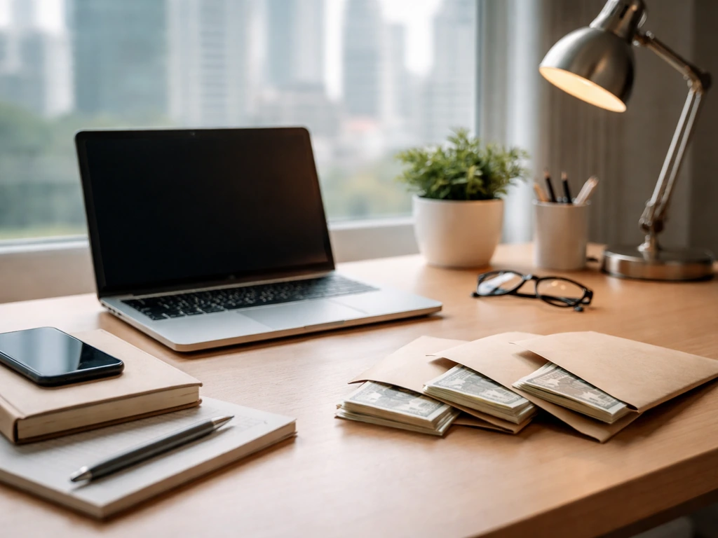 Minimal photo of a desk with a laptop and scattered money envelopes, suggesting private net worth calculation.