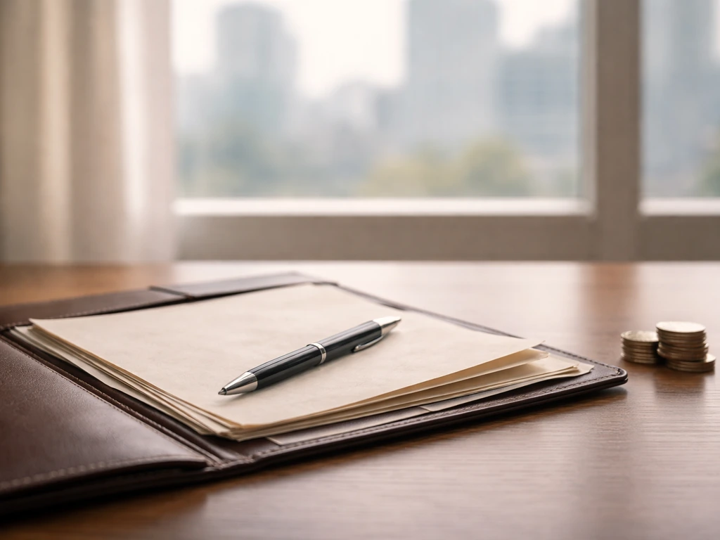 Minimal photo of a desk with old documents and a pen beside a small stack of coins, symbolizing a long career timeline.