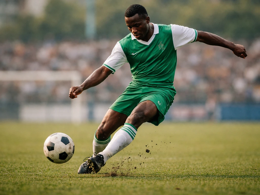 Anonymous Nigerian soccer player kicking a ball on a grass field in a vintage green-and-white kit.